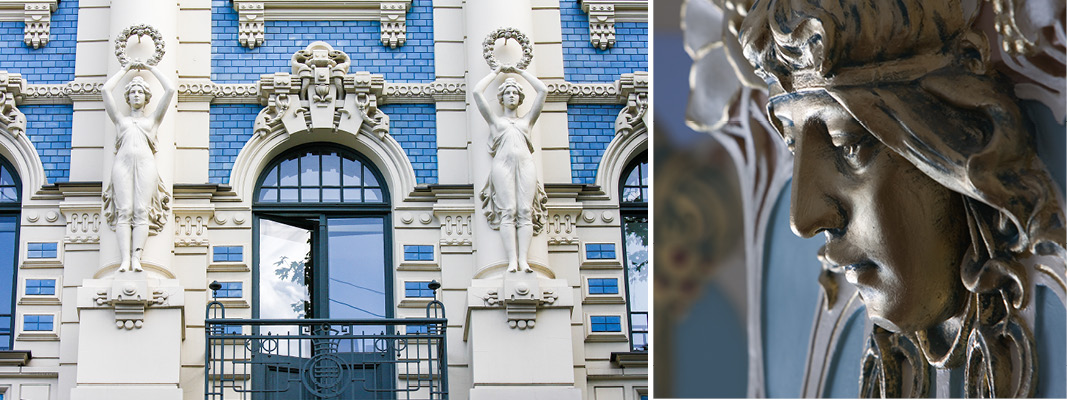 Fasadbyggnad i detalj med romantiska stayer och utsmyckningar, Art Noveau arkitektur. P julmarknad i Riga.